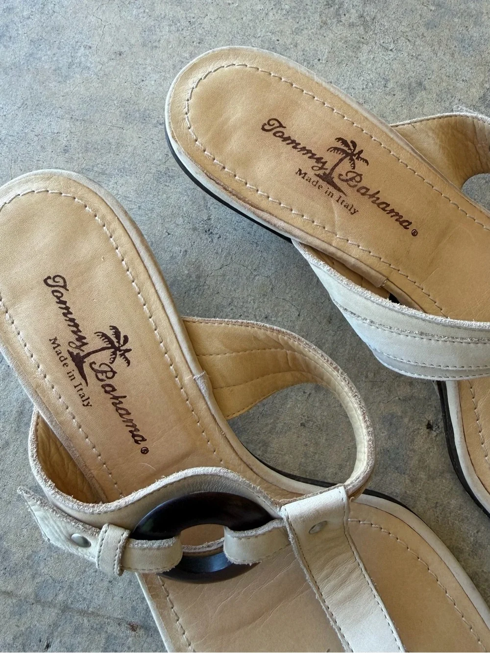 Tommy Bahama Cream T-Strap Heeled Sandals with Brown Ring Accent